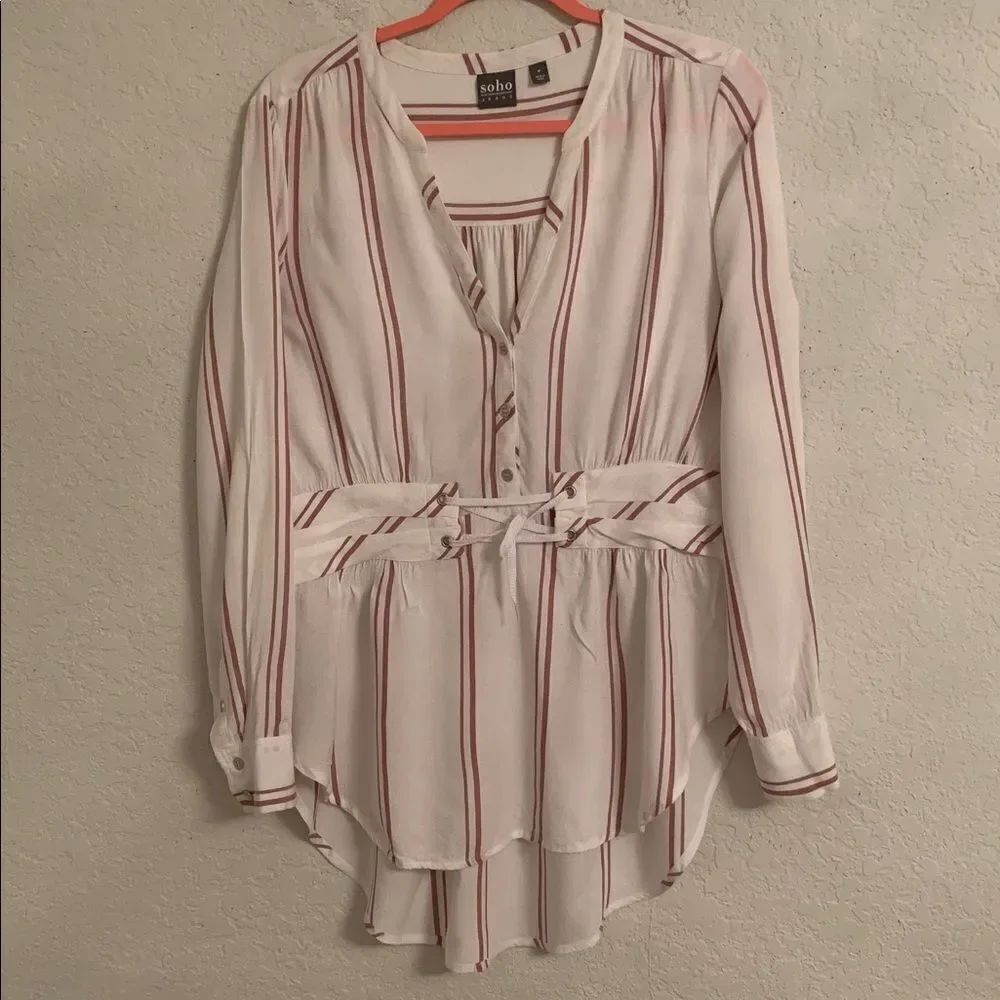 Soho NY & Co Jeans Striped Blouse V-Neck Long Sleeve Tie Front Size M